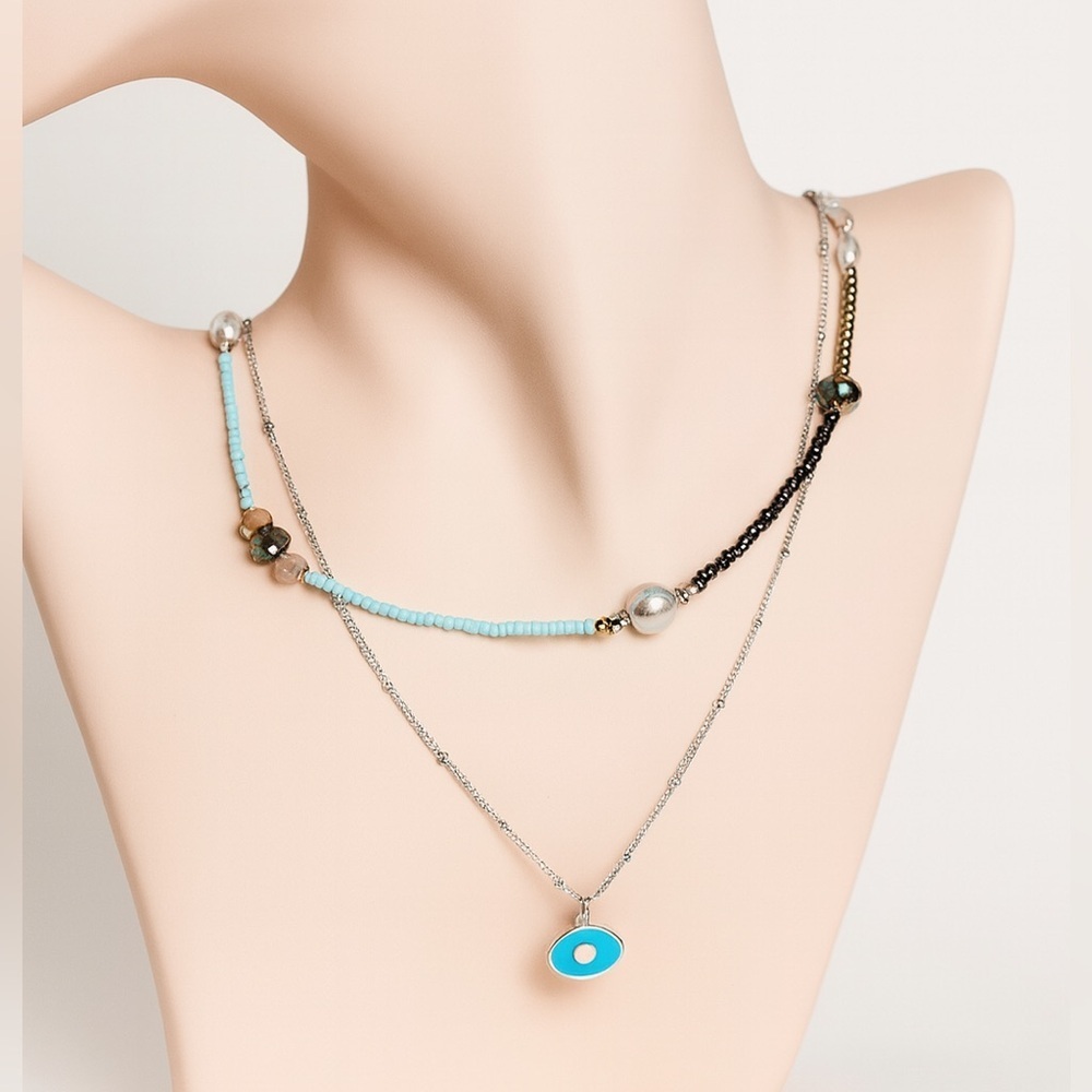 Casual Style Turquoise, Pearl and Silver Layered Necklace
